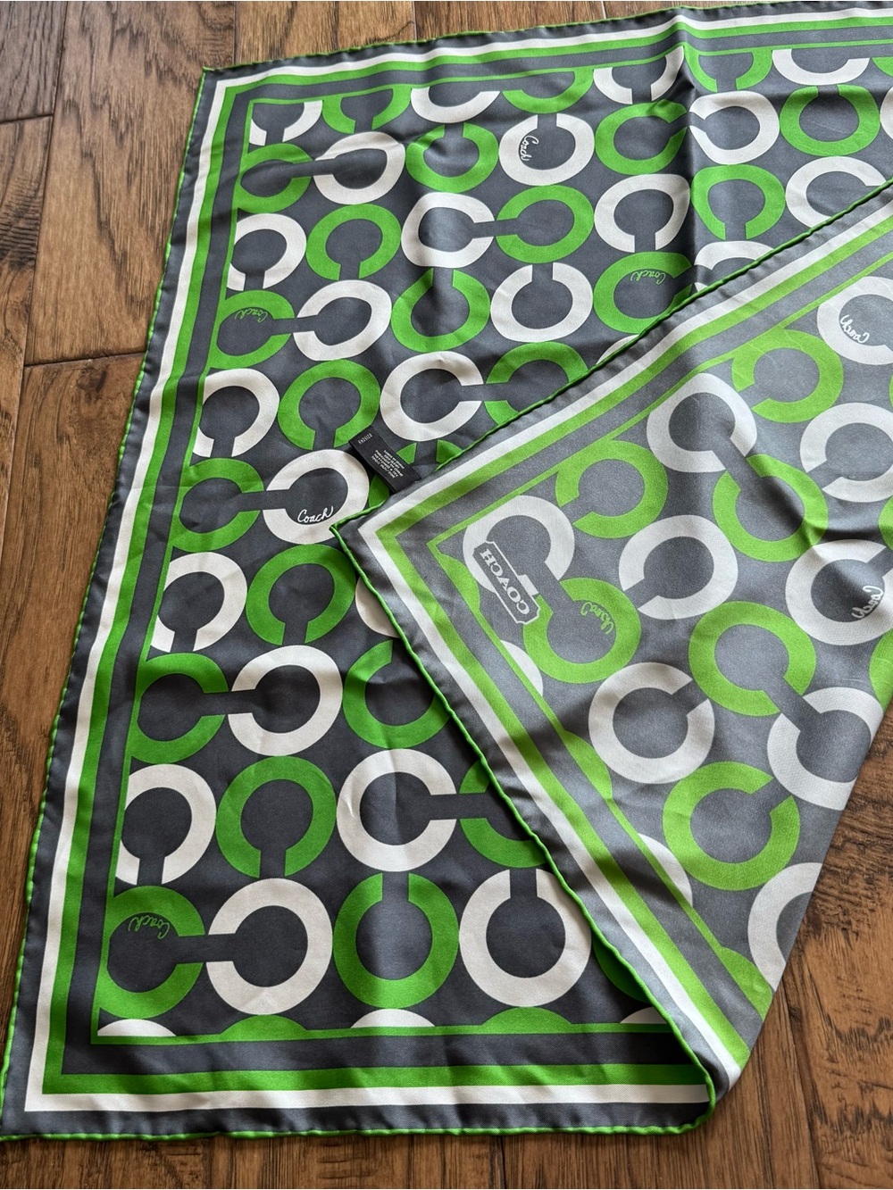 COACH Signature Pattern Scarf in Green, Gray & White - Picture 6 of 6